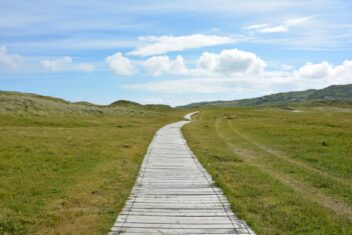 boardwalk clouds country countryside